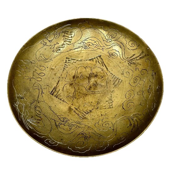 Chinese Vintage Brass Dragon Etched Large Decorative Bowl - Picture 1 of 8